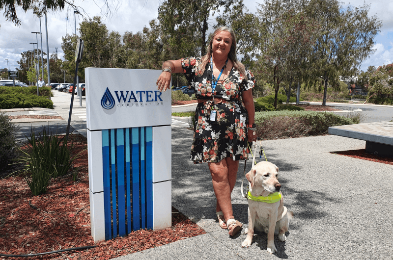 Image of Annalise and her guide dog Alfie from our contact centre